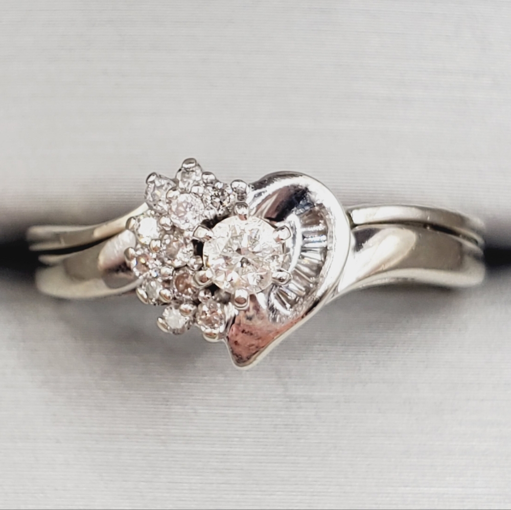 10k Solid White Gold Genuine Round & Baguette Diamond Heart Wedding Ring Set